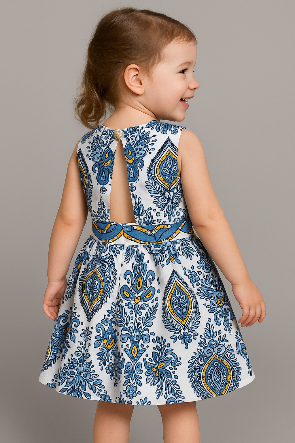 Blue & Yellow Ankara Girl’s Dress with Back Keyhole Detail