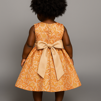 Toddler Girls’ red & Gold Brocade Dress with Fabric-Covered Buttons and Back Bow