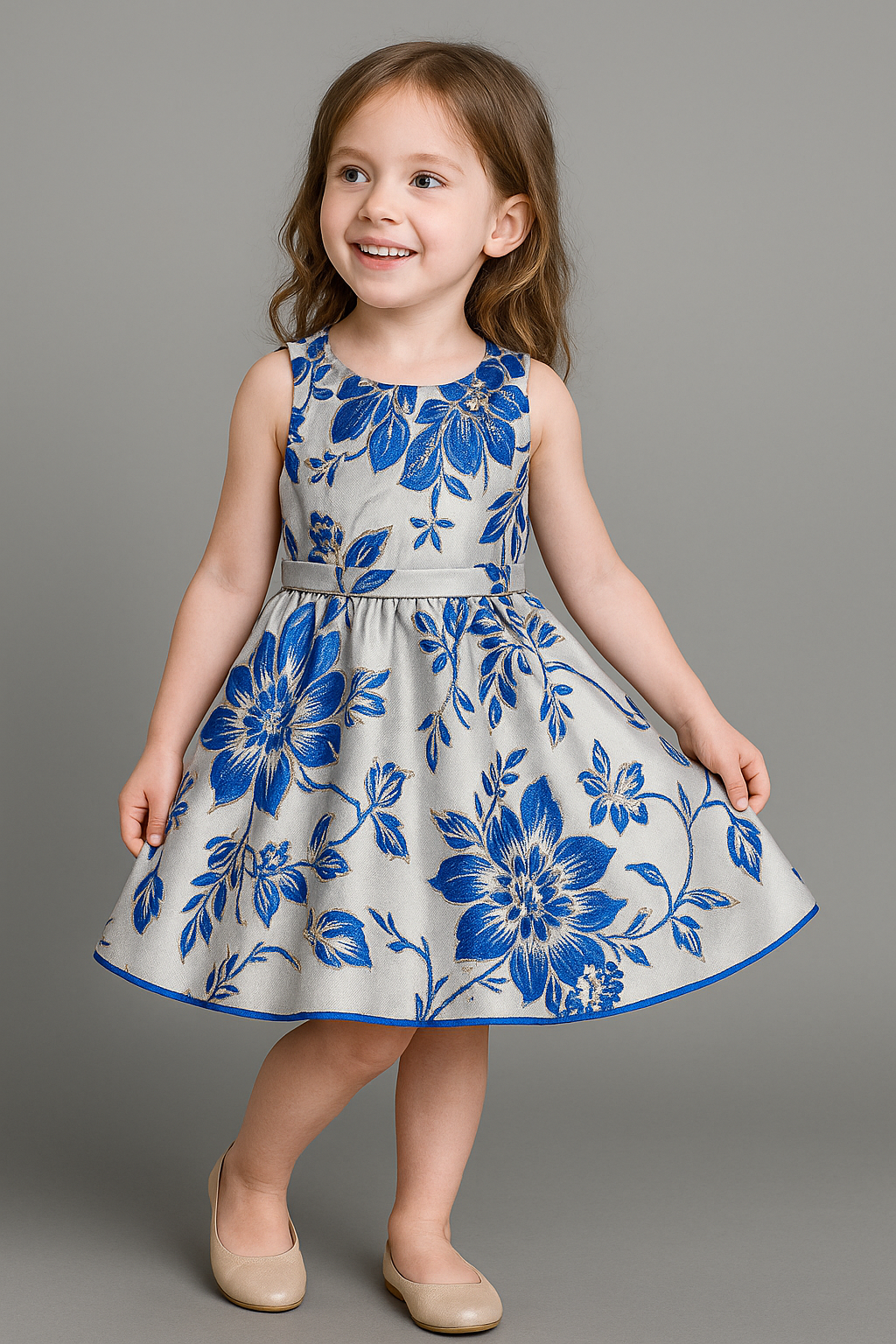Girls Elegant Blue & Gold Floral Party Dress