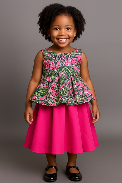 Girls Ankara Peplum & Pink Flare Dress