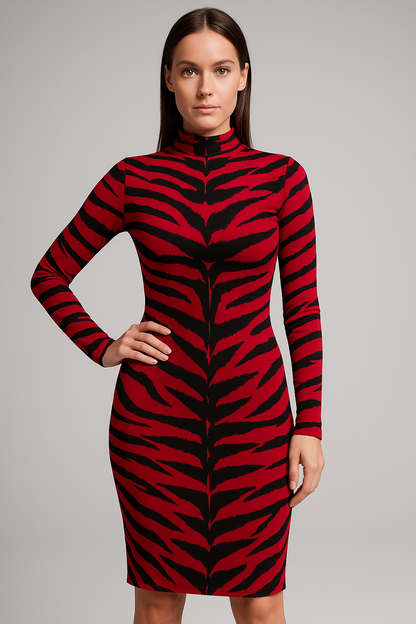 Red & Black Tiger Print Bodycon Midi Dress – Long Sleeve High Neck