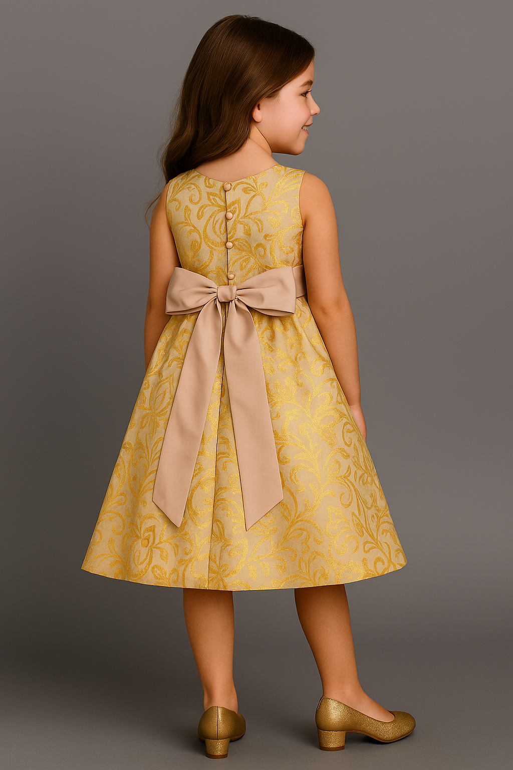 Champagne Gold Floral Dress with Bow – Elegant Girl Party Dress