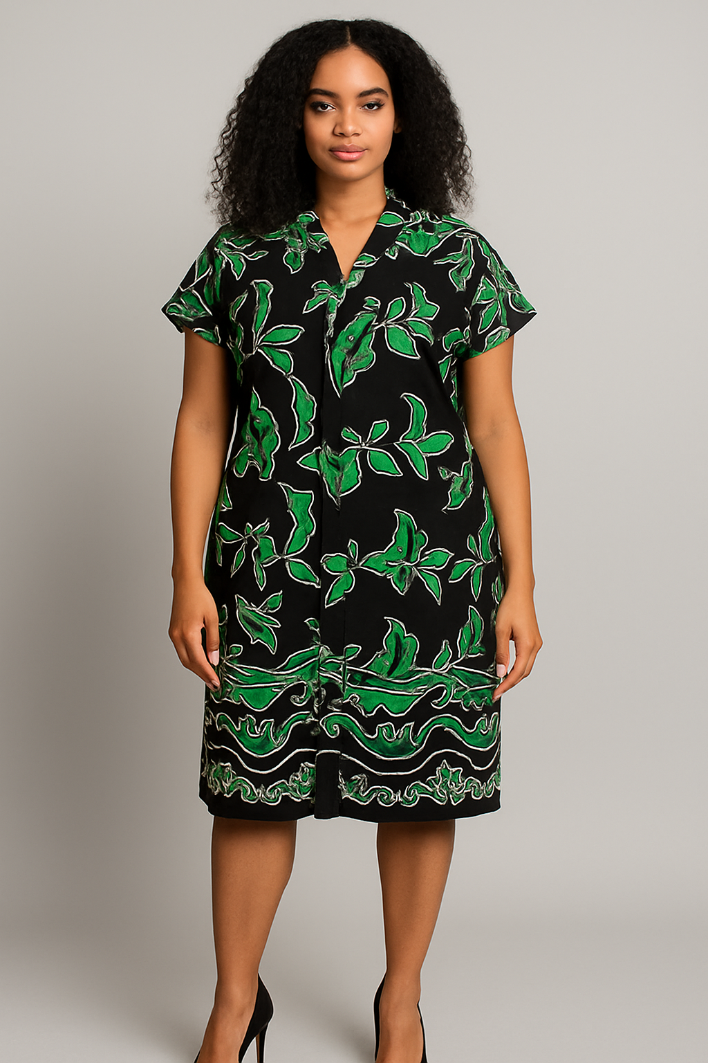 Green & Black Leaf-Print Ankara Kaftan Dress