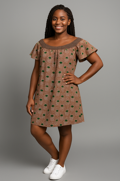 Off-Shoulder African Ankara Mini Dress – Brown & Green Pattern