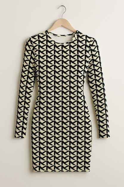 MK Monogram Long Sleeve Bodycon Mini Dress – Beige & Black