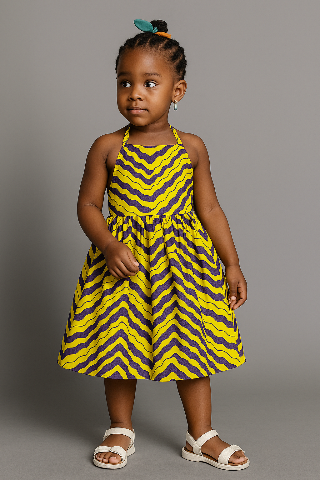 Girls’ Yellow & Purple Ankara Halter Dress with Crisscross Back