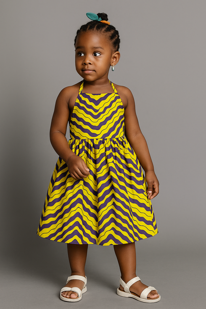 Girls’ Yellow & Purple Ankara Halter Dress with Crisscross Back