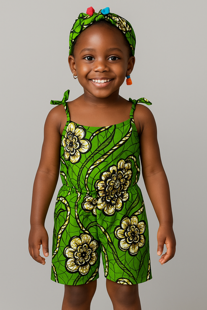 Purple Ankara Floral Romper with Headband – Kids