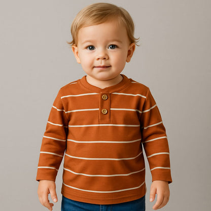 Kids' Rust Striped Henley Long Sleeve Tee