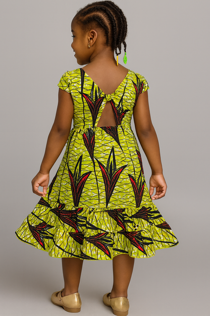 Girls’ Cap Sleeve Ankara Dress with Bow Back – Vibrant Yellow & Red