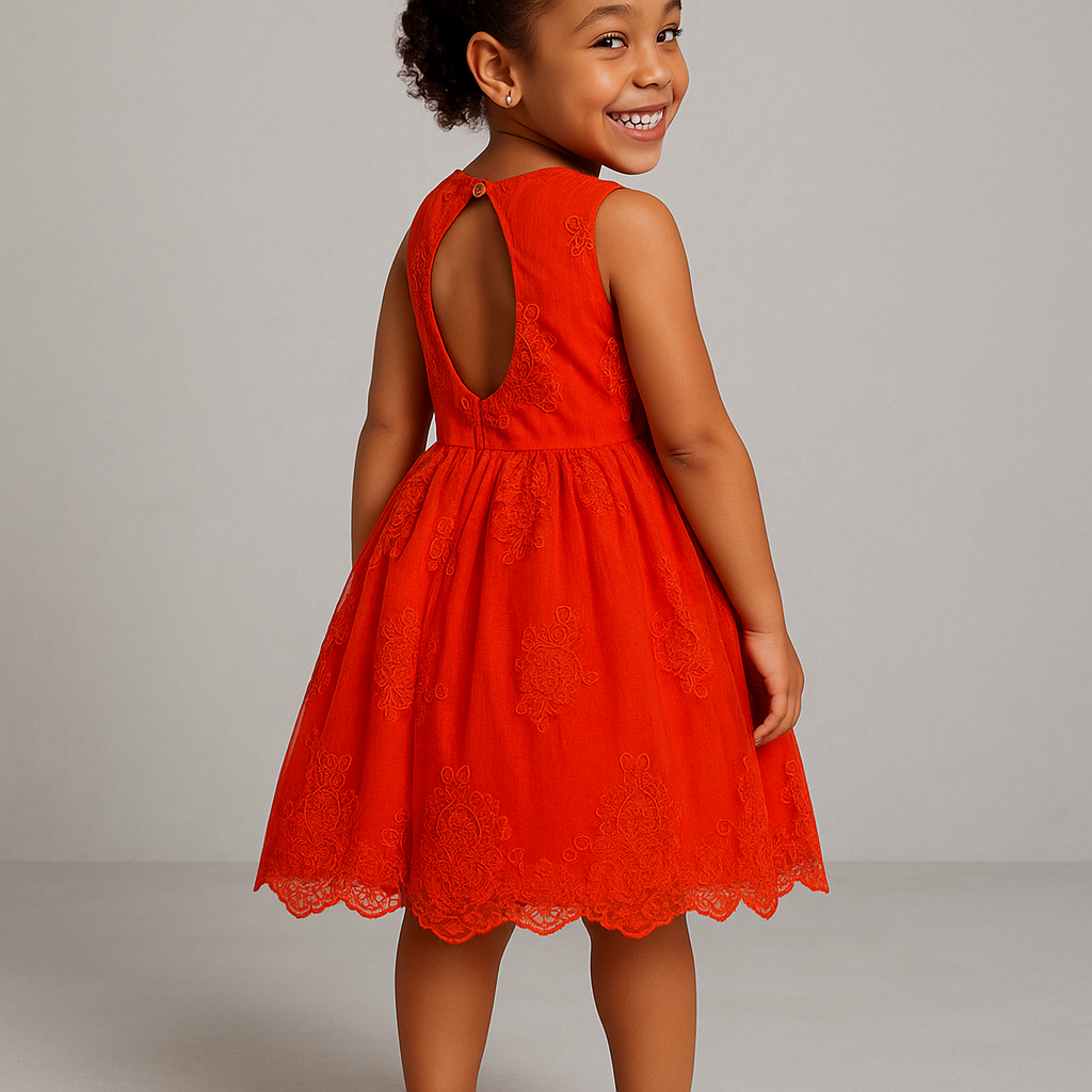 Sleeveless Red Floral Lace Girl's Party Dress – with Open Back