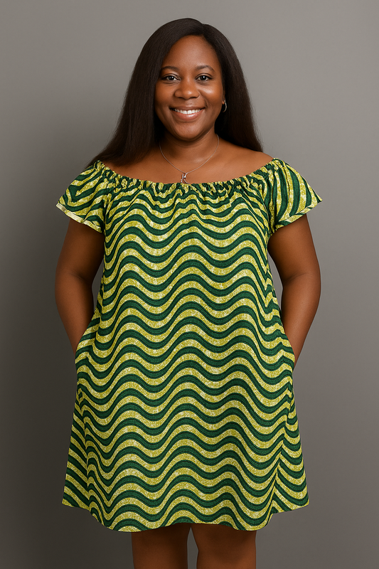 Green & Gold Wave Ankara Off-Shoulder Dress – Adult Size