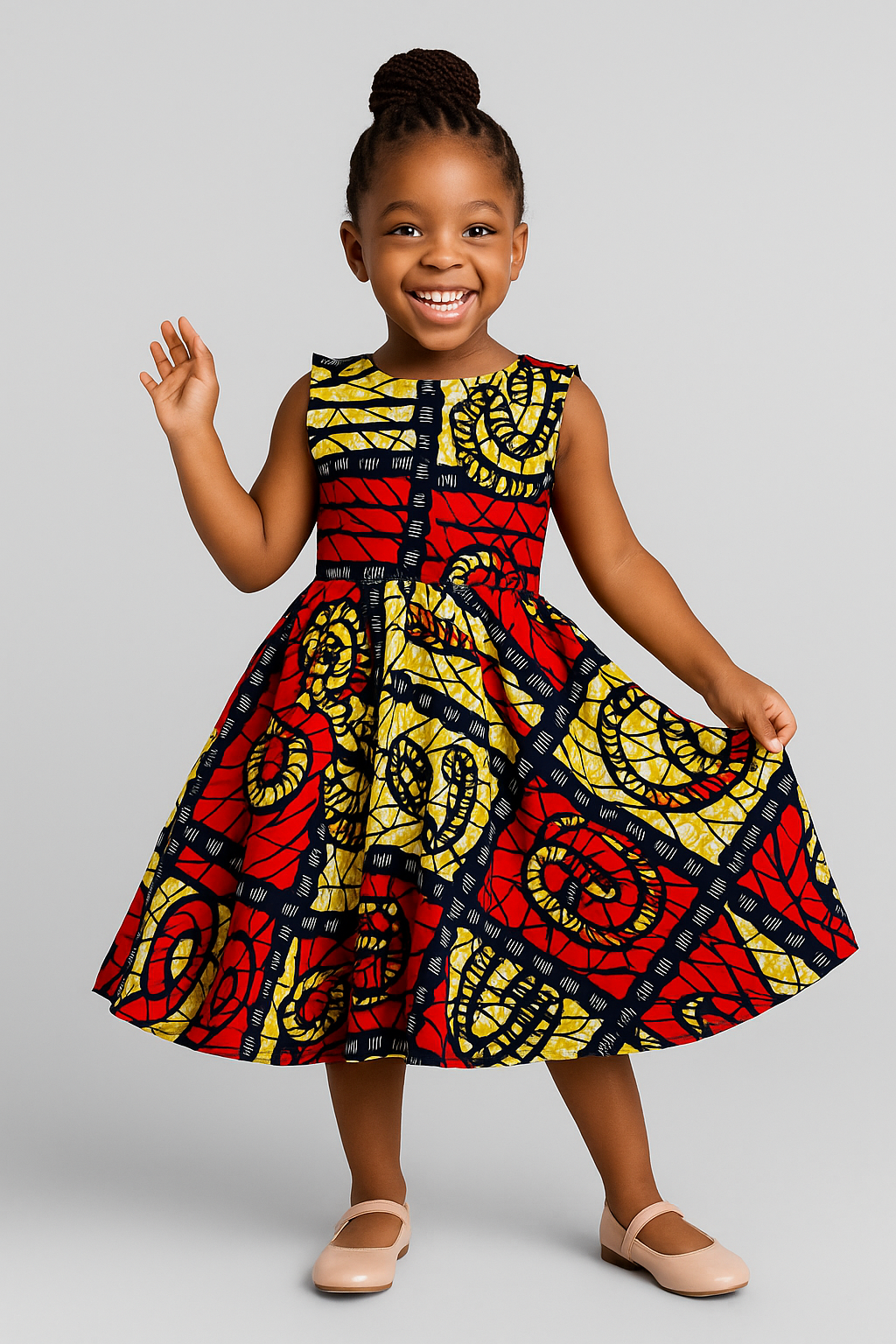 Girls’ Sleeveless Ankara Print Party Dress – Red, Yellow & Navy