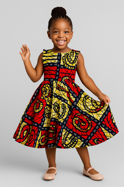 Girls’ Sleeveless Ankara Print Party Dress – Red, Yellow & Navy