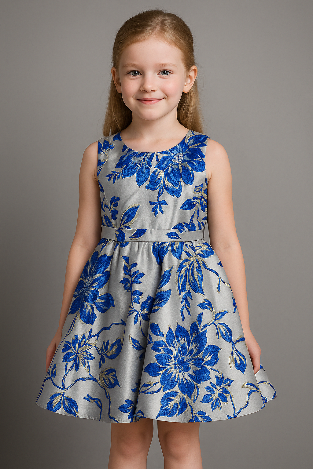 Girls Elegant Blue & Gold Floral Party Dress