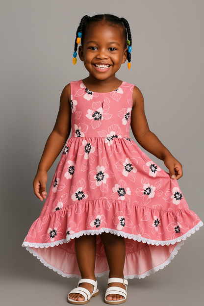 Girls Pink Floral High-Low Party Dress with Lace Trim