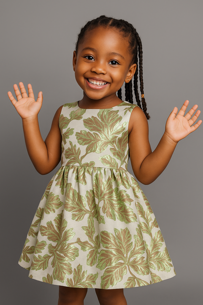 Girls’ Elegant Metallic Leaf Print Party Dress – Green & Gold