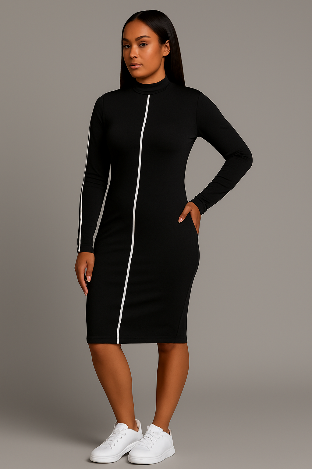 Long Sleeve Bodycon Dress with White Trim Detail