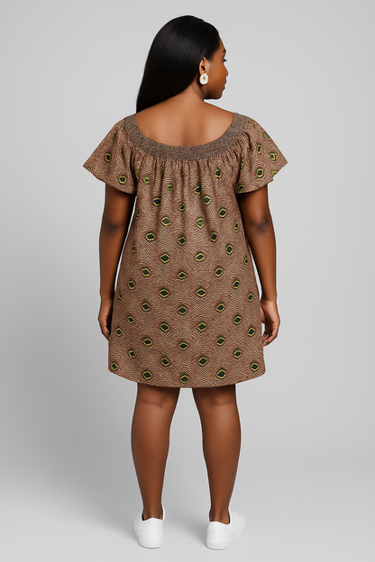 Off-Shoulder African Ankara Mini Dress – Brown & Green Pattern