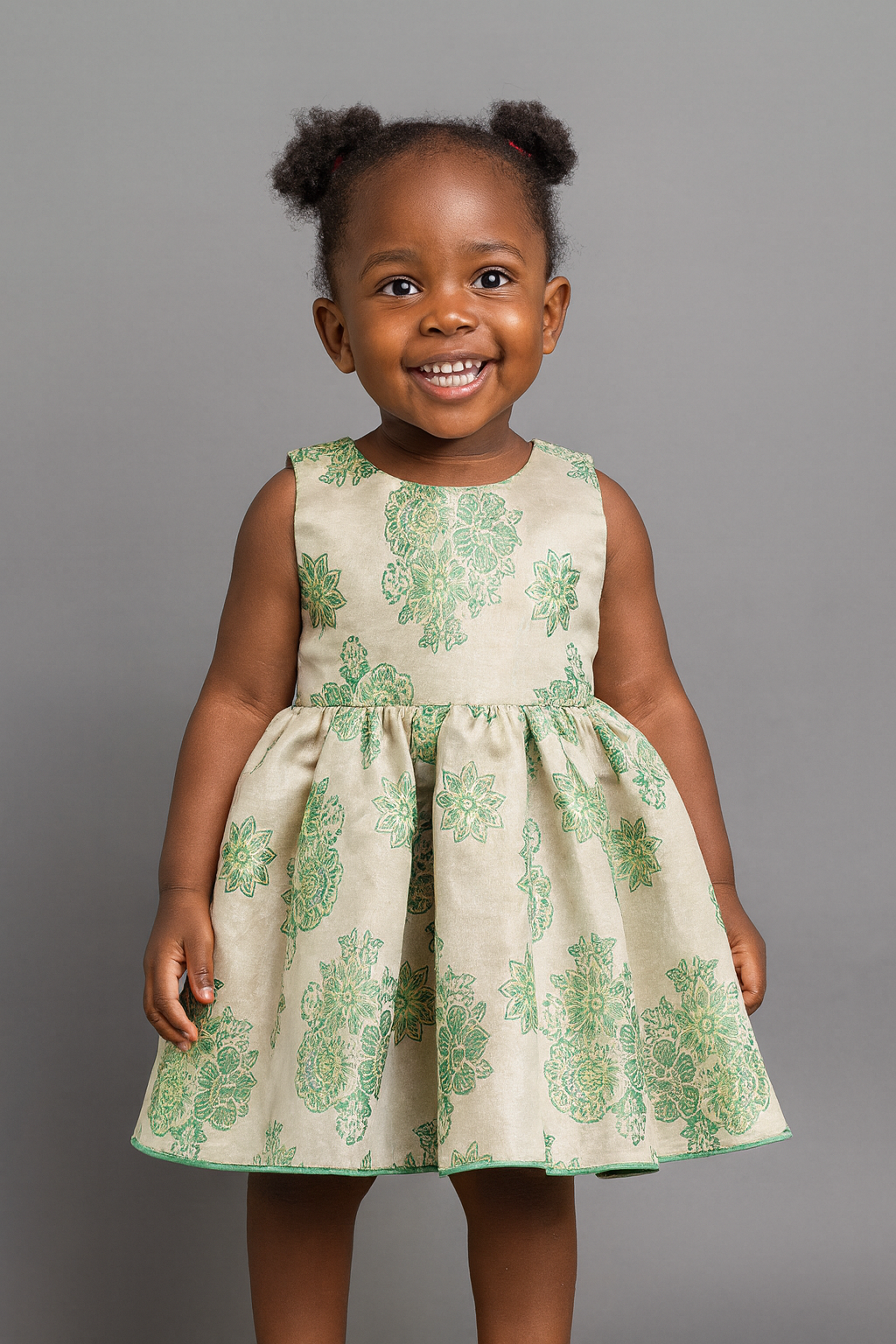 Girls’ Elegant Green Floral Dress – Sleeveless Fit & Flare