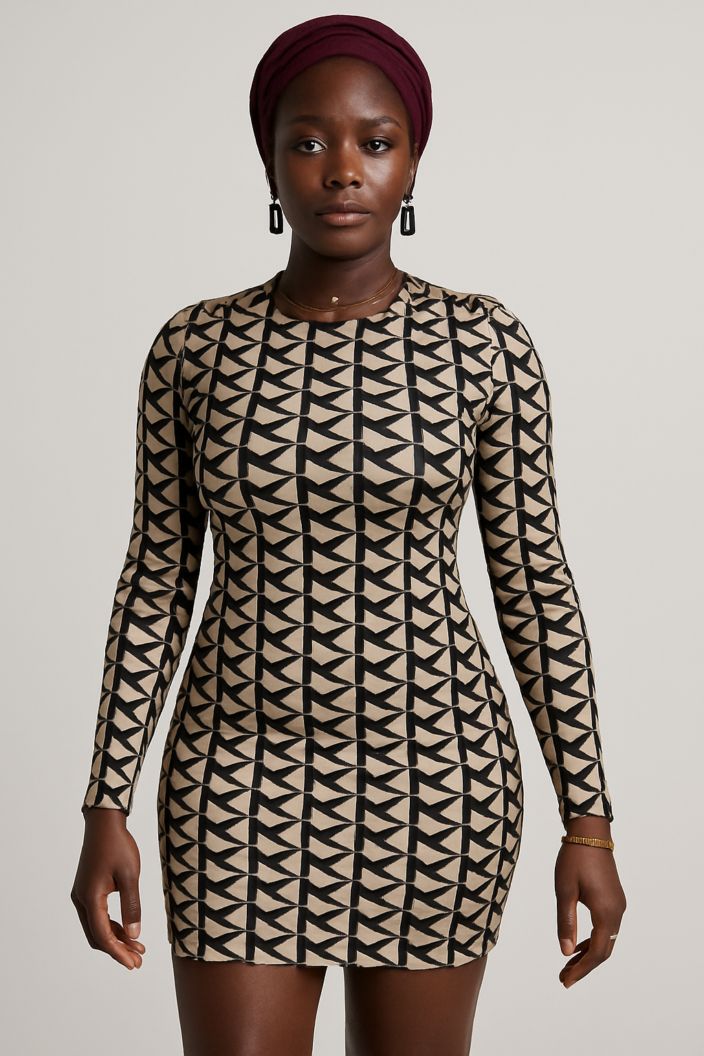 MK Monogram Long Sleeve Bodycon Mini Dress – Beige & Black