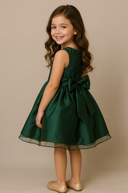 Emerald Green Lace & Satin Bow Back Dress for Girls