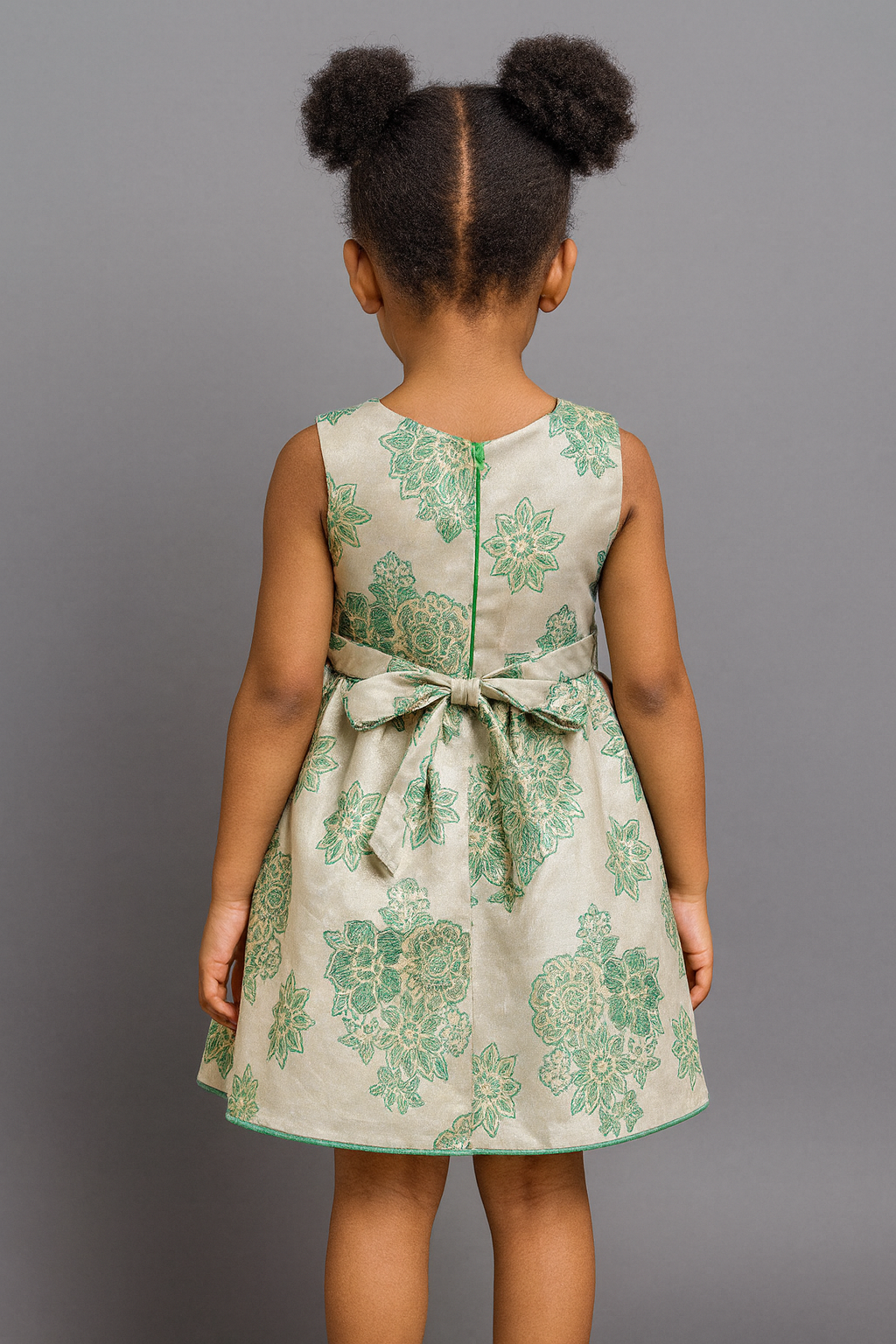 Girls’ Elegant Green Floral Dress – Sleeveless Fit & Flare
