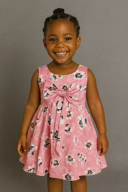 Girls’ Pink Floral Bow Dress – Sleeveless Party & Casual Outfit