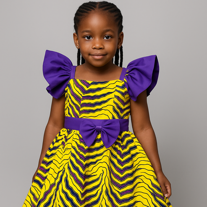 Girls' Puff Sleeve Ankara Party Dress – Yellow & Purple