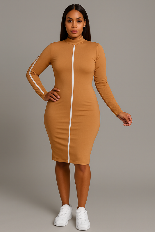 Long Sleeve Bodycon Dress with White Trim Detail