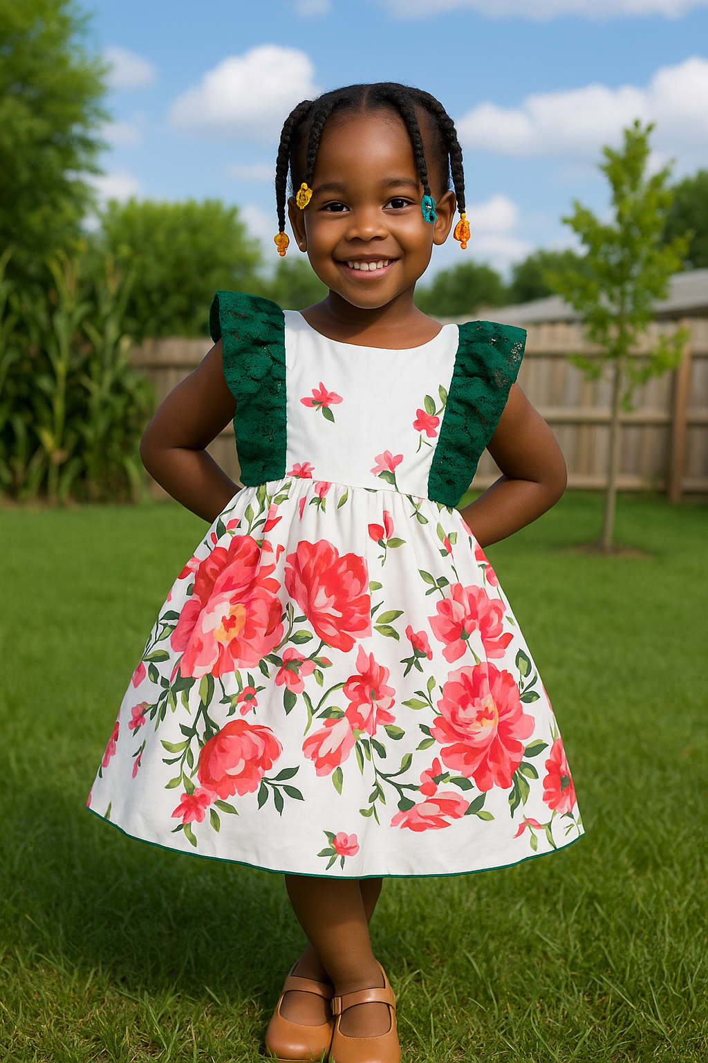 Girls Green Lace & Pink Floral Summer Dress