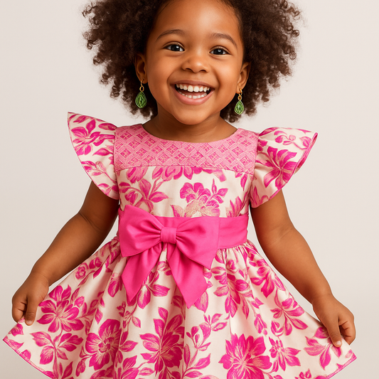 Girls’ Pink Floral Party Dress with Bow
