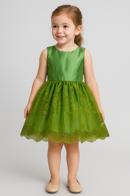 Elegant Green Satin & Lace Party Dress for Girls