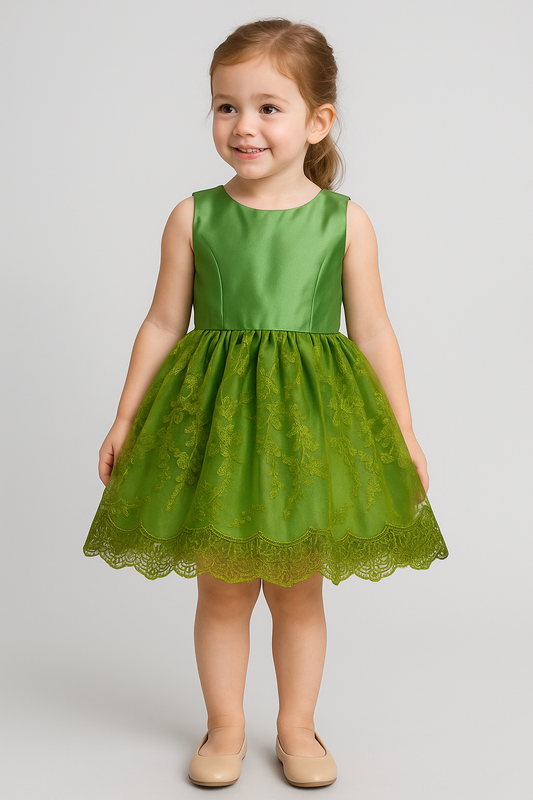 Elegant Green Satin & Lace Party Dress for Girls