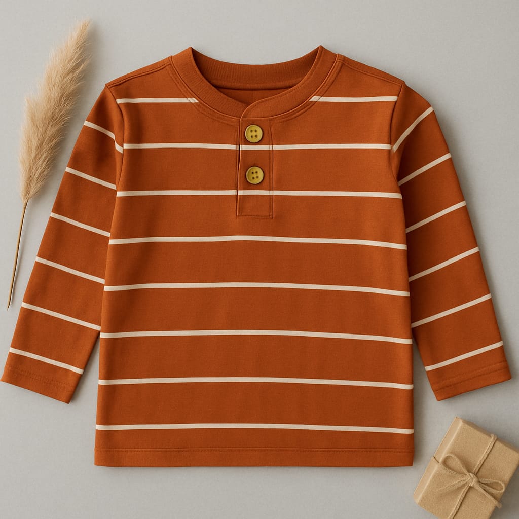 Kids' Rust Striped Henley Long Sleeve Tee
