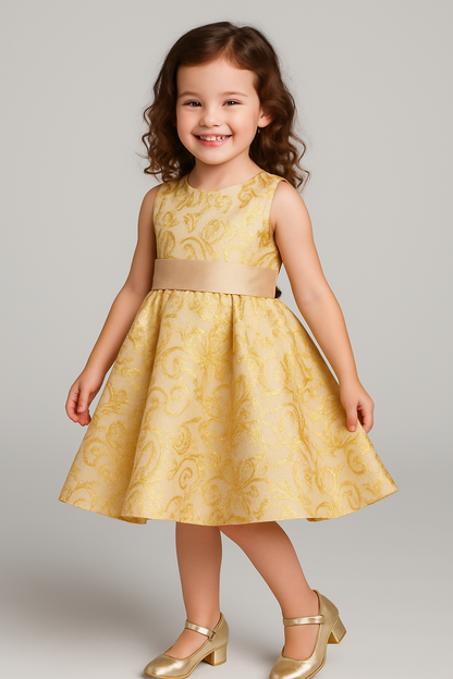 Champagne Gold Floral Dress with Bow – Elegant Girl Party Dress