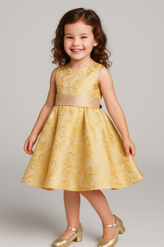 Champagne Gold Floral Dress with Bow – Elegant Girl Party Dress