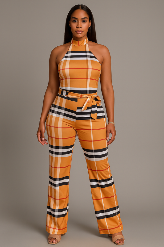 Plaid Halter Neck Two-Piece Set – Mustard & Black