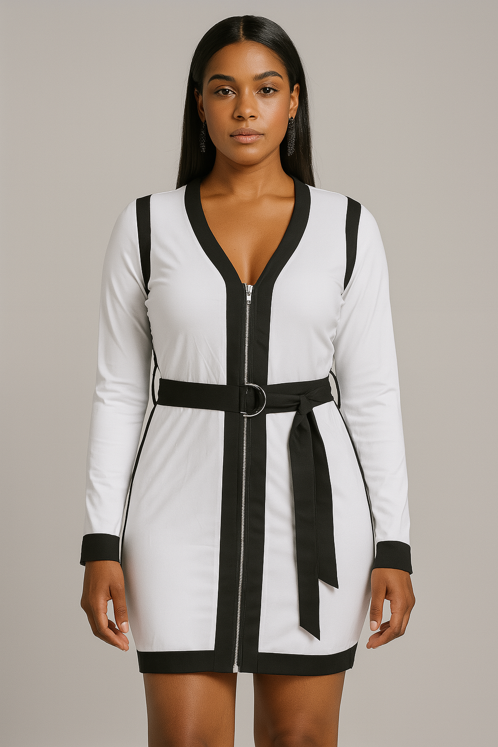 Contrast Bodycon Mini Dress with Zipper and Belt