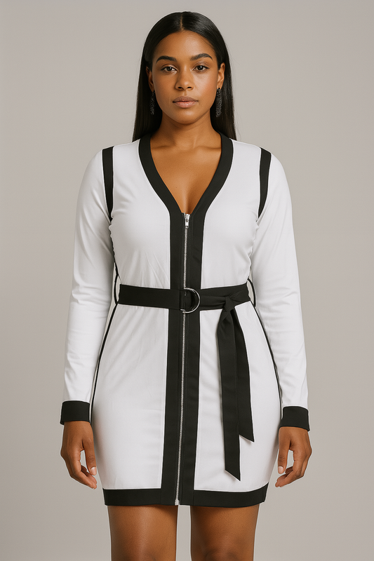 Contrast Bodycon Mini Dress with Zipper and Belt