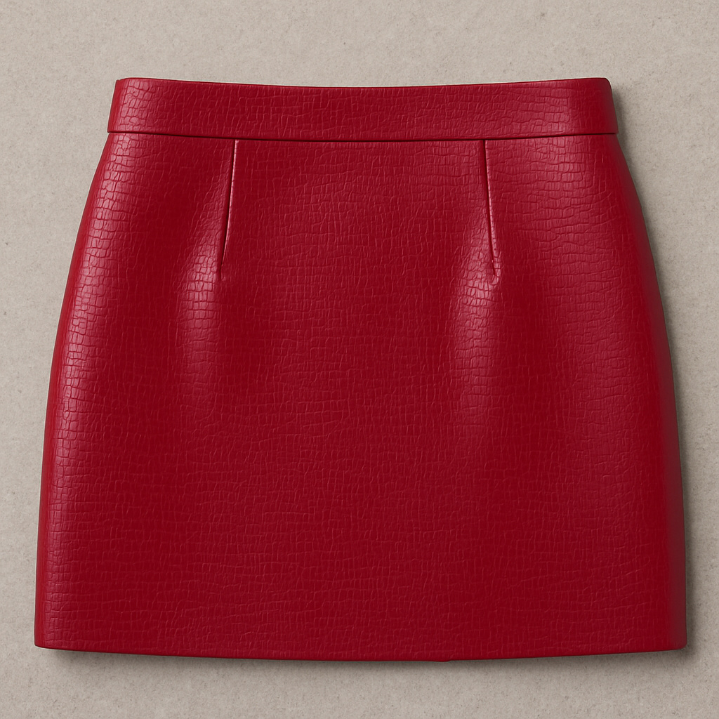Glossy Red Faux Leather Croc-Embossed Mini Skirt with Front Zipper