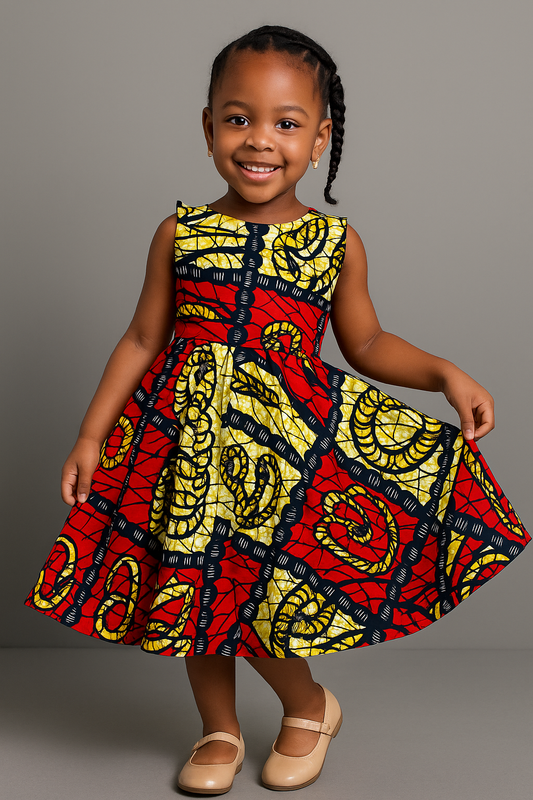Girls’ Sleeveless Ankara Print Party Dress – Red, Yellow & Navy
