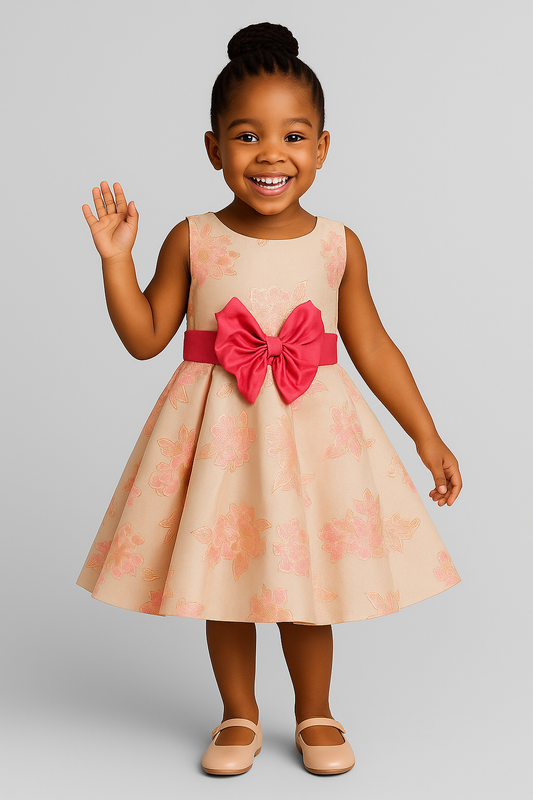 Girls’ Floral Brocade Party Dress with Pink Bow