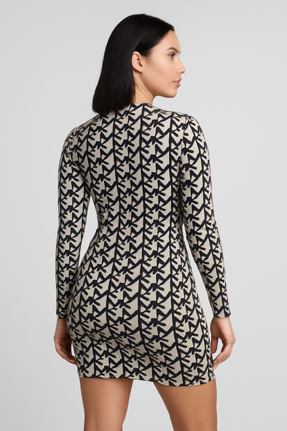 MK Monogram Long Sleeve Bodycon Mini Dress – Beige & Black