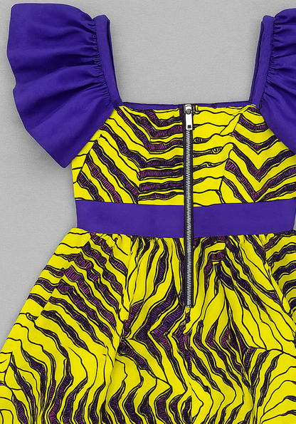 Girls' Puff Sleeve Ankara Party Dress – Yellow & Purple