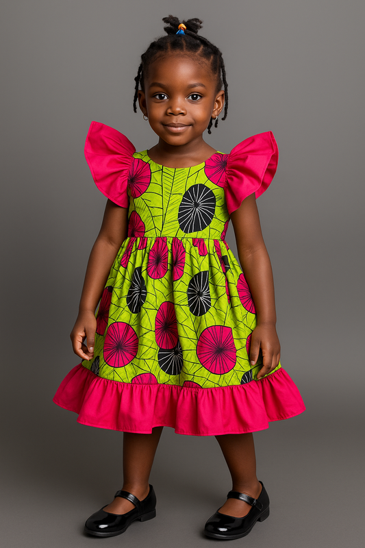 Girls’ Neon Green & Pink Floral Ankara Dress with Back Bow