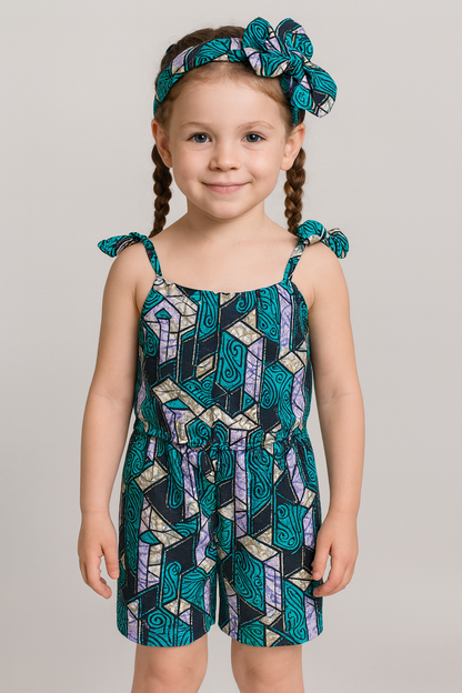 Purple Ankara Floral Romper with Headband – Kids
