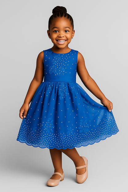 Royal Blue Lace & Pearl Party Dress for Girls – Back Bow Detail