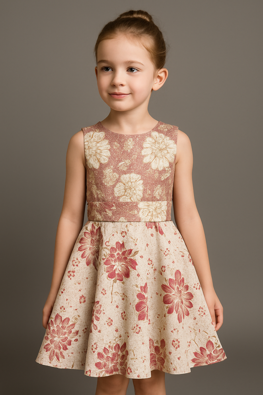 Blush Gold Brocade Round Open Back Floral Dress for Girls