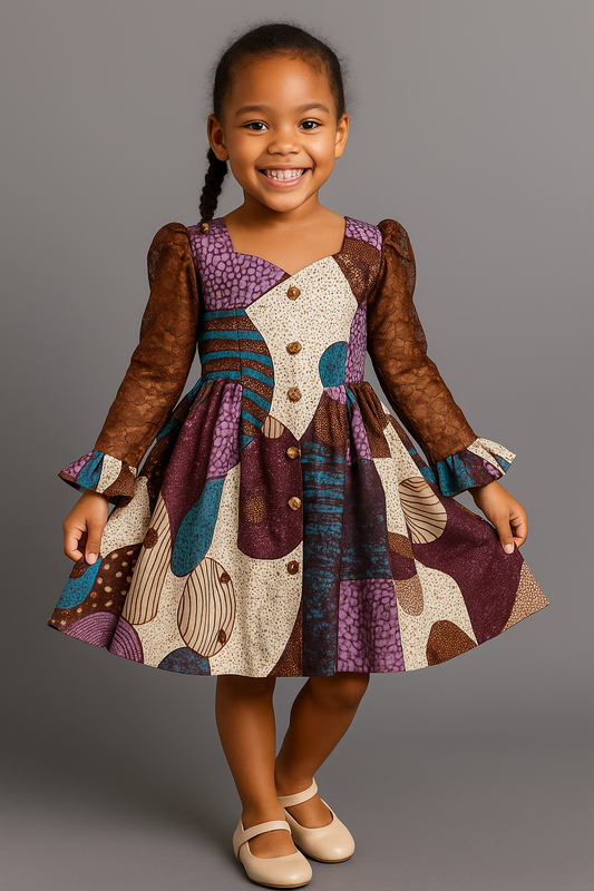 Girls' Ankara Patchwork Dress with Lace Sleeves – Open Back & Button